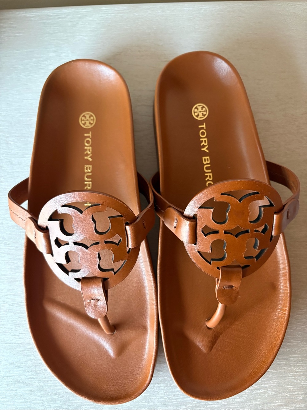 Tory Burch Tan Miller Logo Leather Thong Sandals